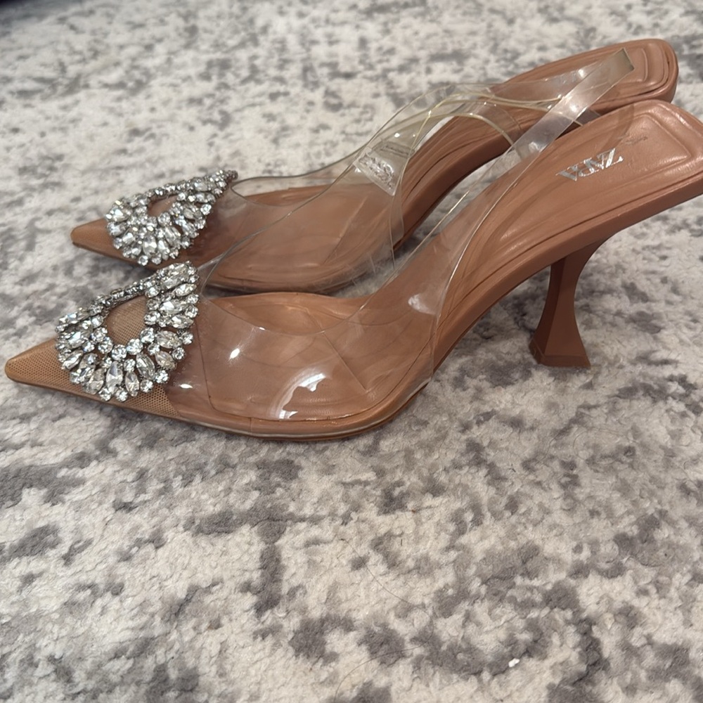Zara Tan and Clear Crystal Embellished Heels